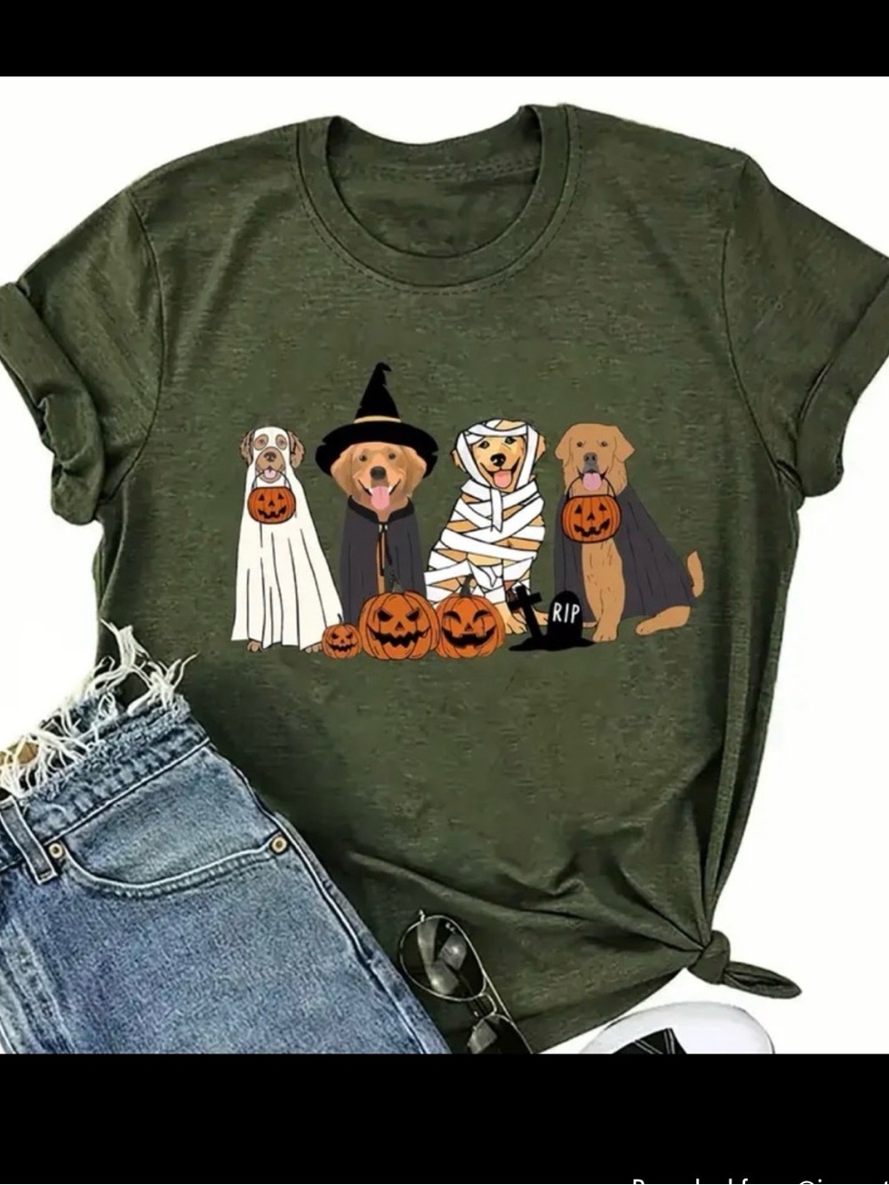 Halloween Dogs Graphic Tee - Olive Green